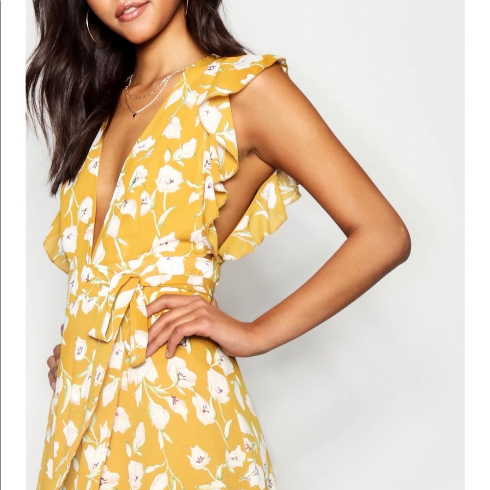 Boohoo Yellow Floral Frill Maxi Dress